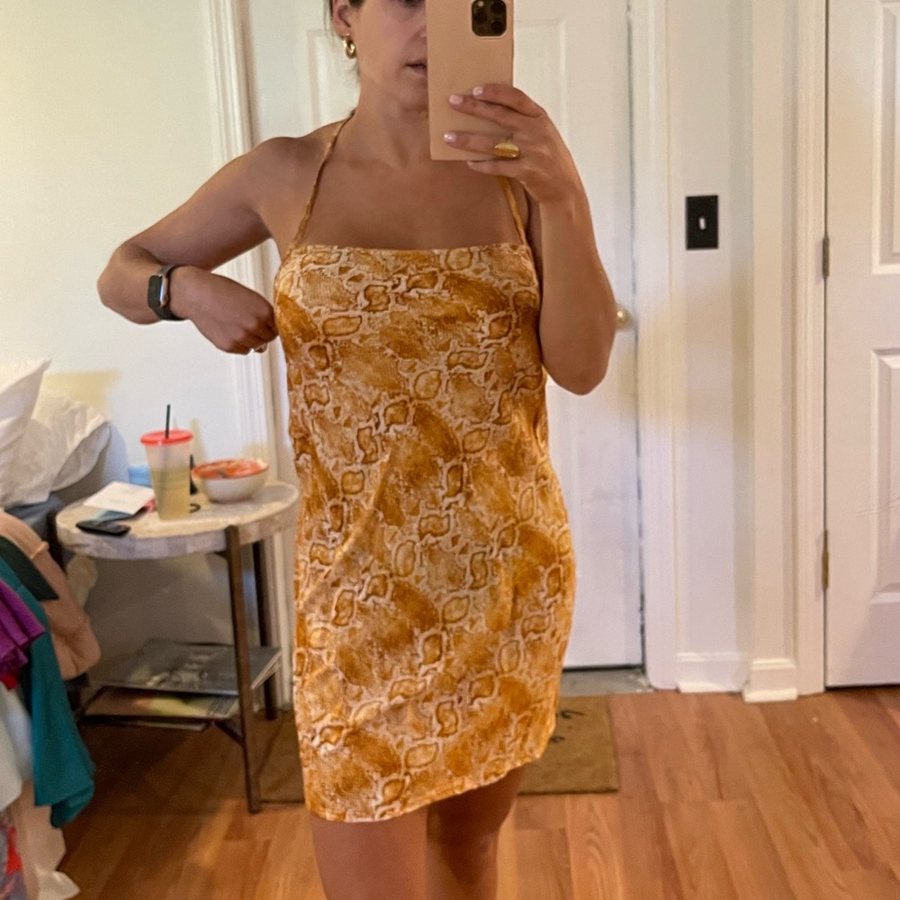 yellow snake skin cross back mini dress